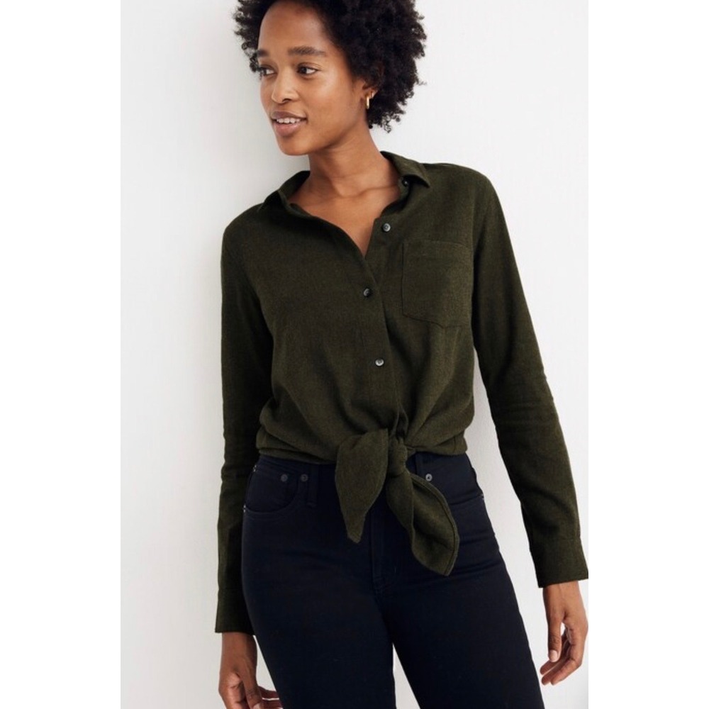 Madewell Flannel Tie Front Shirt XS Dark Olive Green Long Sleeve Button Down